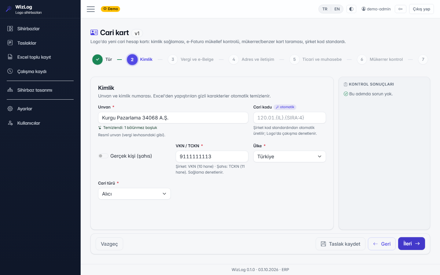 Cari kart sihirbazı: kimlik adımı ve kontrol sonuçları