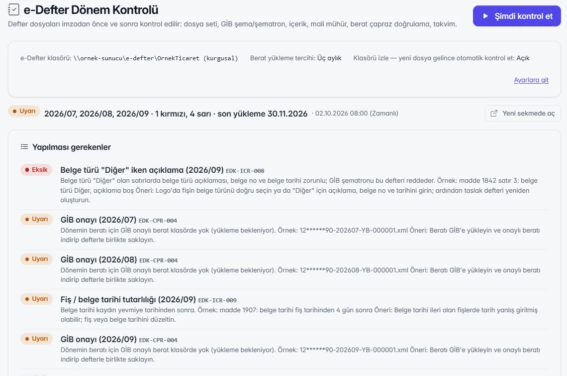 e-Defter Dönem Kontrolü: yapılması gerekenler listesi (kurgusal demo verisi)