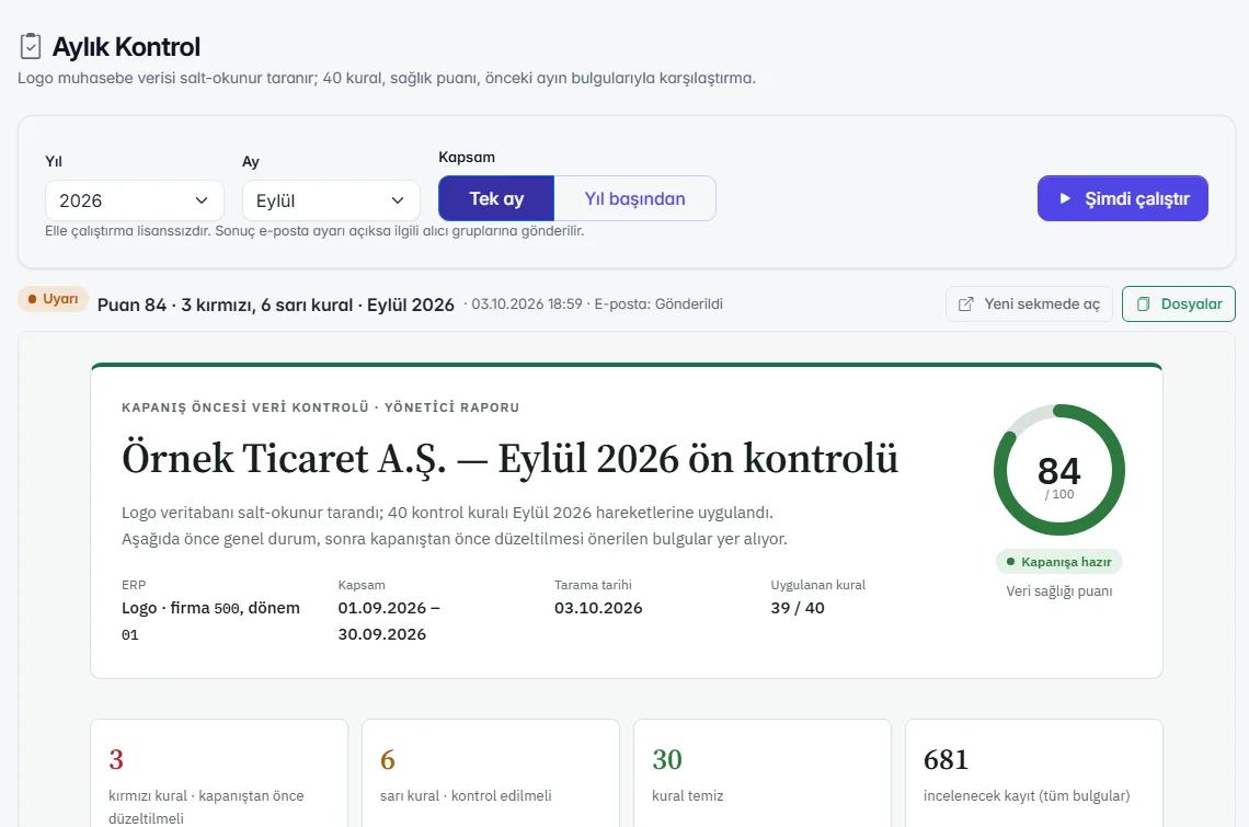 Aylık Kontrol: yönetici raporu ve bulgu sayıları (kurgusal demo verisi)